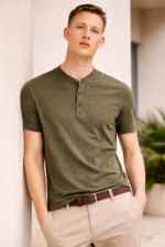 Men's Short Sleeve Henley T-Shirt with Button Placket – Slim Fit Casual Top (Olive Green) - Image 2