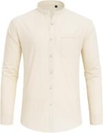 Men's Cotton Linen Long Sleeve Banded Collar Shirt with Chest Pocket - Image 6