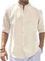 Men's Cotton Linen Long Sleeve Banded Collar Shirt with Chest Pocket - Image 7