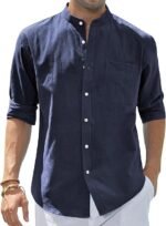 Men's Cotton Linen Long Sleeve Banded Collar Shirt with Chest Pocket - Image 2