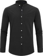 Men's Cotton Linen Long Sleeve Banded Collar Shirt with Chest Pocket - Image 3