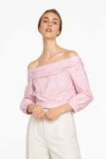 Women's Striped Off-Shoulder Long Sleeve Top with Twisted – Casual Chic Blouse (Blue & Pink) - Image 2