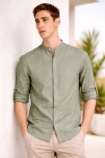Men's Linen Mandarin Collar Shirt with Roll-Up Sleeves –  Summer Shirt (Beige & Sage Green) - Image 2