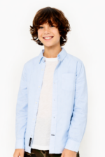 Boys' Long Sleeve Oxford Button-Down Shirt with Chest Pocket – Smart Casual Kids Shirt (Sky Blue & White)