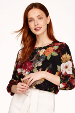 Women's Floral Print Long Sleeve Blouse with Round Neck – Relaxed Fit  (Blue / White / Black) - Image 2