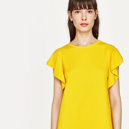 Women's Round Neck Ruffle Flutter Sleeve Top – Sleeveless Casual Blouse in Sunshine Yellow