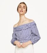 Women's Striped Off-Shoulder Long Sleeve Top with Twisted – Casual Chic Blouse (Blue & Pink)