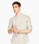 Men's Linen Mandarin Collar Shirt with Roll-Up Sleeves –  Summer Shirt (Beige & Sage Green)