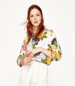 Women's Floral Print Long Sleeve Blouse with Round Neck – Relaxed Fit  (Blue / White / Black)