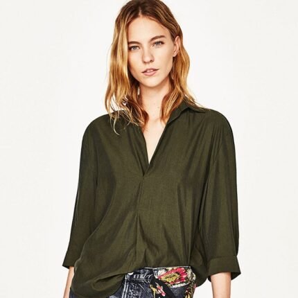 Women's Oversized Deep V-Neck Shirt with 3/4Sleeves – Fit Casual Blouse in Olive Green