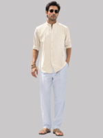 Men's Cotton Linen Long Sleeve Banded Collar Shirt with Chest Pocket